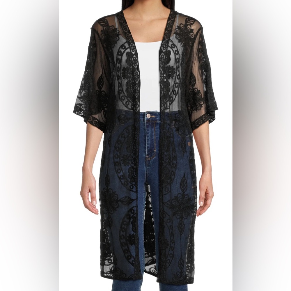 #2001 - Black Medallion Floral Leaf Lace Kimono Open Front Cardigan Sheer Cotton